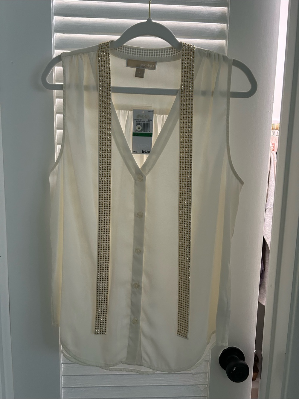 NEW Michael Kors Cream Sleeveless Top with Gold Stud Trim
